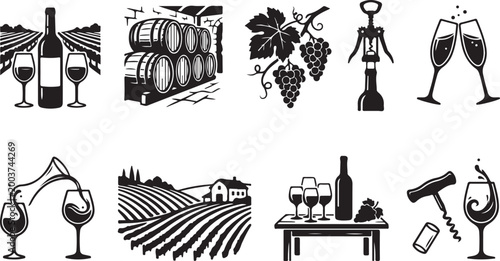 A collection of black and white wine-themed featuring vineyards, wine bottles, glasses, grapes, wooden barrels, corkscrews, and a rustic farmhouse, presented as a set of flat silhouettes