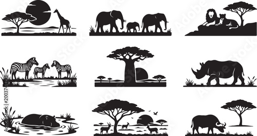 Collection of african safari animal silhouettes, featuring elephants, lions, zebras, giraffes, rhinoceros, hippopotamus, and antelopes in natural savanna landscapes with acacia trees and sunsets
