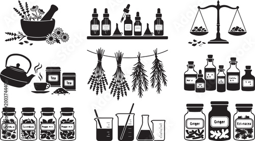 Set of black and white herbal medicine featuring mortar and pestle, essential oil dropper bottles, apothecary scales, dried herb bundles, tea kettle, laboratory beakers, and labeled jars