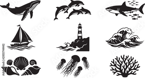 Set of black and white nautical featuring a humpback whale, jumping dolphins, a shark with small fish, a sailboat, a lighthouse on a rocky cliff, ocean waves, seashells, jellyfish, and coral