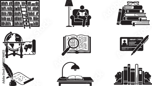 Set of black and white library and reading featuring bookshelves, a person reading in an armchair, stacked books with glasses, a globe, a magnifying glass on an open book, and a library card