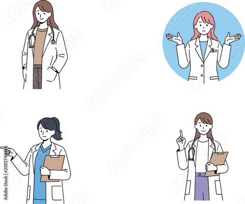 Female Doctor Vector Set with Medical Professionals in White Lab Coats, Gesturing and Holding Clipboards, Health Care Illustrations,