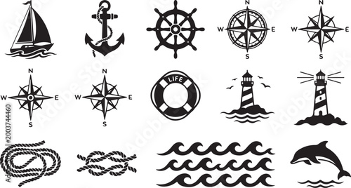 Set of black and white nautical featuring a sailboat, ship anchor, steering wheel, compass roses, life buoy, lighthouses, coiled rope, sailor knot, ocean waves, and a jumping dolphin