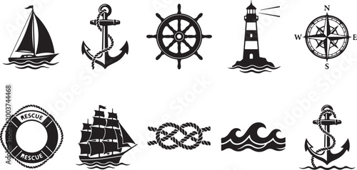 Φωτογραφία Set of black and white nautical featuring a sailboat, ship anchor with rope, shi