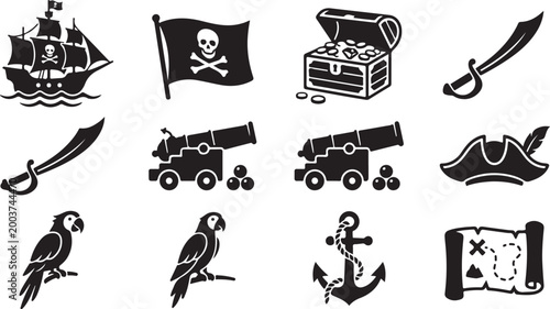 Set of black and white pirate featuring a galleon ship, skull and crossbones flag, treasure chest, cutlass swords, cannons with cannonballs, tricorn hat, parrots, anchor, and treasure map