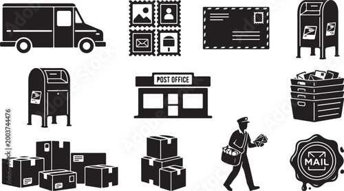 Set of black and white postal service featuring a delivery truck, post office building, mailbox, mail carrier, cardboard shipping boxes, envelopes, postage stamps, and a wax seal