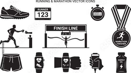 Set of black and white running and marathon featuring a running shoe, race bib, stopwatch, finish line, finisher medal, athletic shorts, smartwatch, and energy gel packets