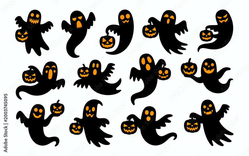 Obraz premium A collection of 12 distinct ghost silhouettes with jack o lanterns in various spooky poses on white background for halloween
