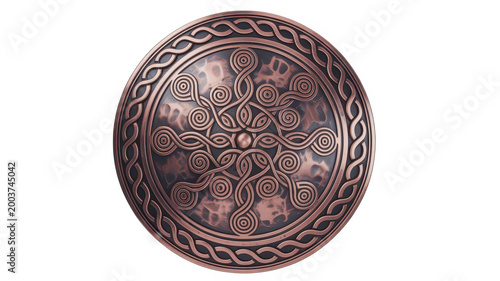 Round decorative copper shield with intricate celtic spiral knot patterns isolated on white