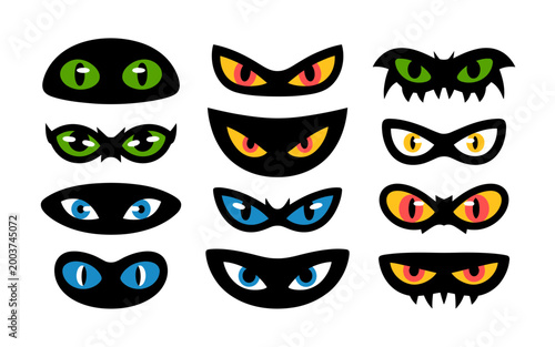 A minimalist vector illustration showcasing 12 different cartoon monster eyes in various colors and styles on a white background