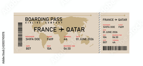 Boarding pass for flight from france to qatar, dated june 1, 2026, with passenger details and qr code