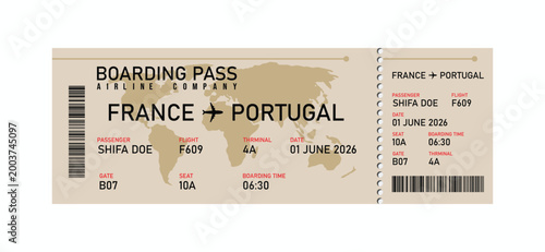 Boarding pass ticket for flight from france to portugal flight ticket travel document airline ticket