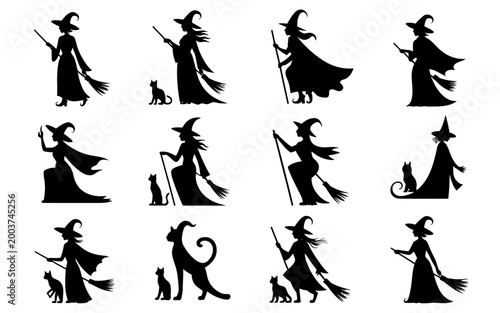 Collection of 12 distinctive witch silhouettes with cats and broomsticks on white background for halloween