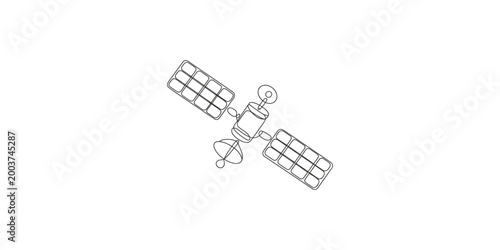 A line drawing of a satellite in space with solar panels and antenna