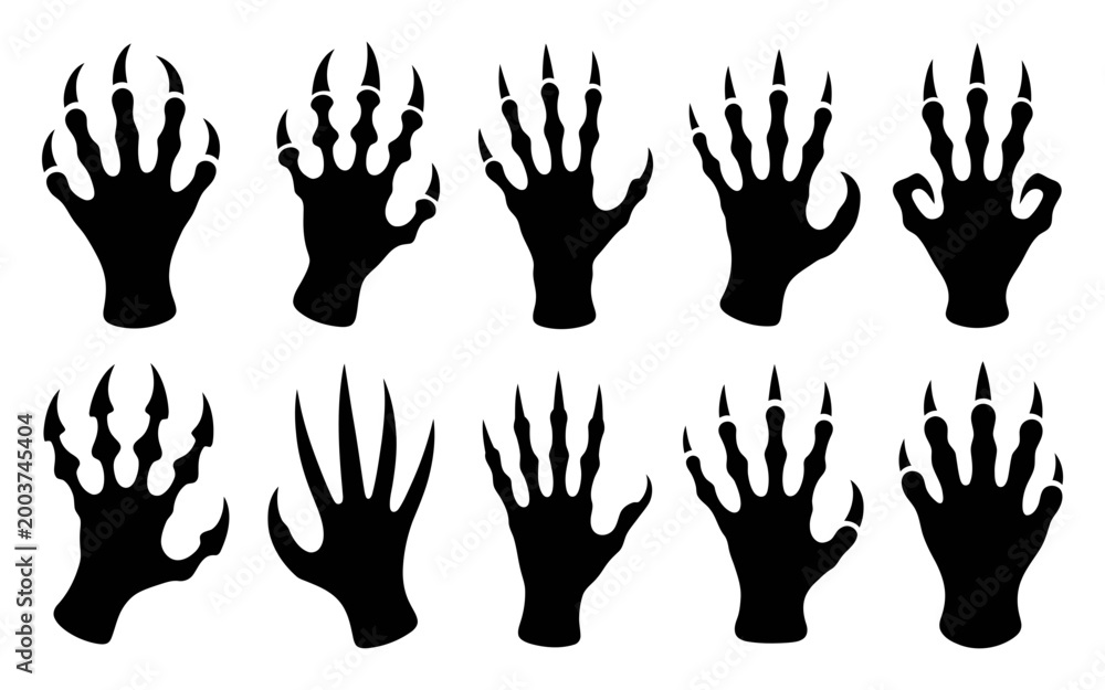 Fototapeta premium Collection of twelve distinct monster hands with sharp claws raised up in different positions on white background
