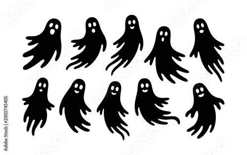 A minimalist vector illustration featuring ten black ghost silhouettes with white eyes on a plain white background creating a spooky yet playful halloween themed design element