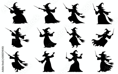 A collection of 12 distinct witch silhouettes flying on broomsticks in various poses and outfits against a white background for halloween or magic themes