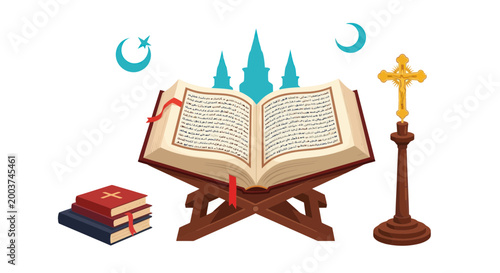 Interfaith Dialogue: Holy Books, Cross, Crescent, Minarets, and Bible