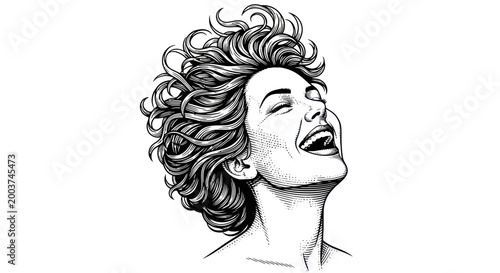Joyful Woman Laughing with Curly Hair - Vintage Ink Sketch