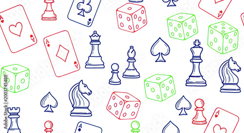 Seamless Pattern of Game Icons: Dice, Chess, and Playing Cards