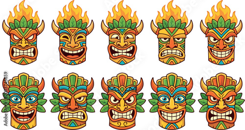 Fotografie Traditional Polynesian Tiki Mask Vector Illustration Collection Set Featuring Va