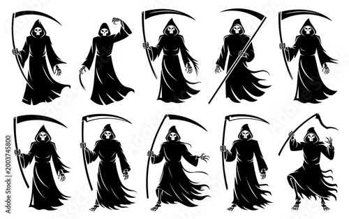 Bild auf Leinwand A collection of twelve grim reaper silhouettes in various poses with hooded robe