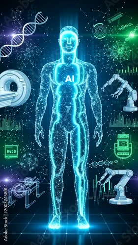 Futuristic Humanoid AI Robot with Digital Elements.