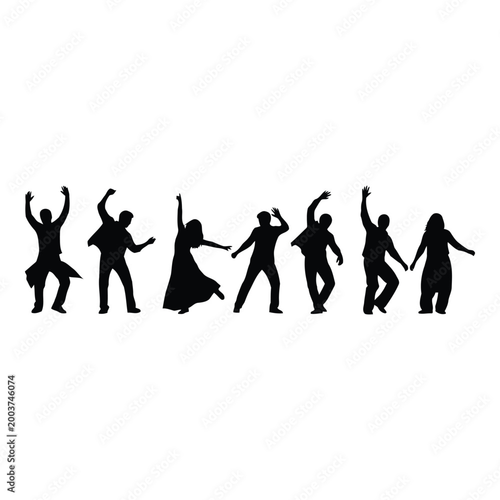 Fototapeta premium Diverse group of seven stylized silhouettes engaged in energetic dancing and joyful celebration expressing freedom and movement on a white background