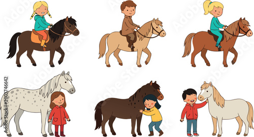Adorable Cartoon Collection of Happy Children Riding and Caring for Horses and Ponies in a Friendly Farm Setting