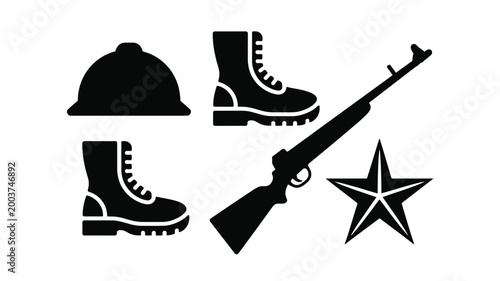 Schilderij op canvas Minimalist graphic design featuring black silhouette icons of a military helmet
