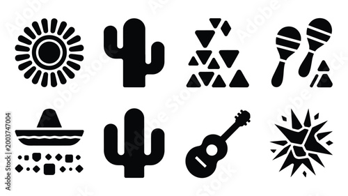 Vibrant geometric silhouette icons celebrating cinco de mayo fiesta culture with sun cactus sombrero maracas and guitar elements on a clean white background ideal for festive