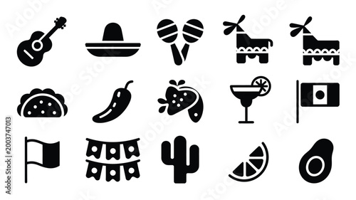 Vibrant mexican fiesta icons set guitar sombrero maracas pinata taco chili pepper strawberry margarita flags cactus avocado and festive garlands for celebration and culture