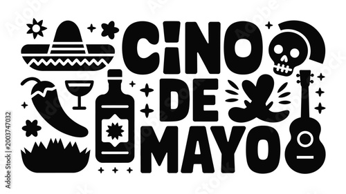 Bold black silhouette typography celebrating cinco de mayo with festive mexican cultural icons including sombrero chili pepper tequila bottle guitar and skull perfect for holiday
