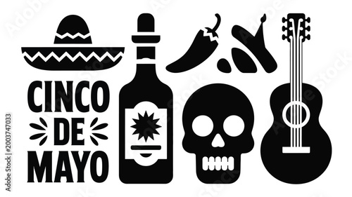 Cinco de mayo celebration icons sombrero tequila bottle chili pepper maracas skull and guitar in bold black silhouette on white background festive mexican holiday graphic elements