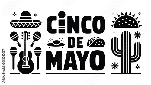 Festive cinco de mayo celebration with sombrero guitar maracas taco cactus and sun icons representing mexican culture and holiday joy in a minimalist black and white graphic style
