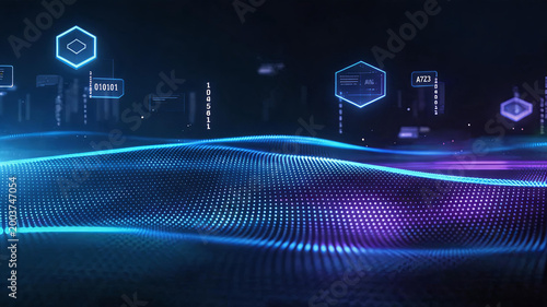 This is a futuristic tech background featuring glowing particle waves and digital holographic data interfaces, creating a modern cyber digital atmosphere.