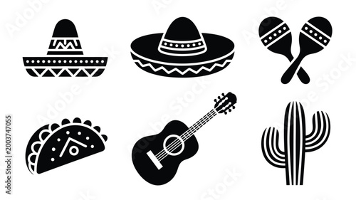 Minimalist black silhouette icons representing mexican culture and cinco de mayo celebration sombrero hats maracas taco guitar and cactus on a clean white background festive