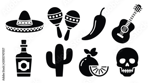 Vibrant collection of mexican cultural icons and symbols including sombrero maracas chili pepper guitar tequila bottle cactus orange slices and skull presented in a clean modern