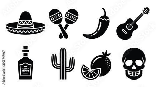 Cinco de mayo celebration icons sombrero maracas chili pepper guitar tequila bottle cactus orange and skull vector silhouettes for festive mexican party designs