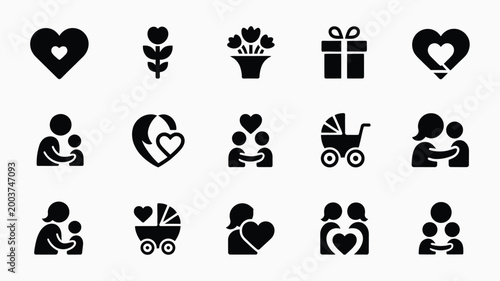 Collection of diverse minimalist vector icons representing love family and gifting occasions including hearts flowers baby strollers mothers and children and gift boxes presented