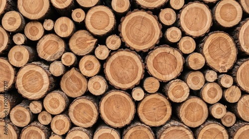 Stacked cut tree logs with visible growth rings and natural wood texture background pattern