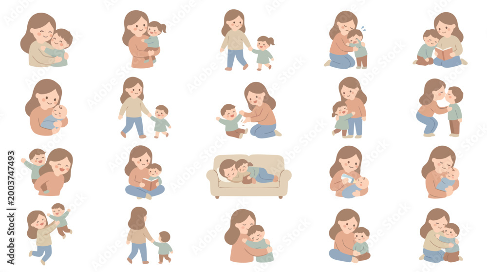 Fototapeta premium Cute Mother and Child Illustrations, Family Love, Parenting, Warm Moments