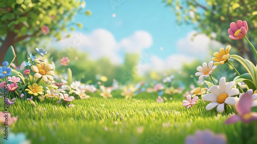 This is a soft 3D rendered spring garden scene, with lush green lawns dotted with colorful wildflowers under a clear blue sky with fluffy clouds.