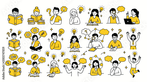 People brainstorming and having ideas with lightbulbs above heads