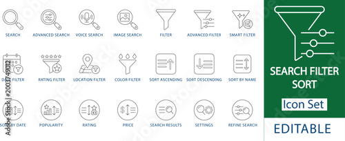 search filter and sort icon set: professional ui ux navigation, magnifying glass, voice and image search, advanced filtering, price and popularity sorting, and digital discovery line icons.