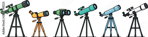 Collection of Modern Astronomical Telescopes and Binoculars on Tripods for Space Observation and Stargazing Activities