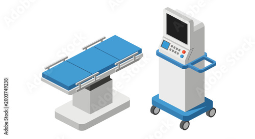 A modern, sterile operating room setup features an adjustable blue-cushioned surgical table positioned next to a mobile, white medical monitoring machine equipped with a dark screen and large buttons