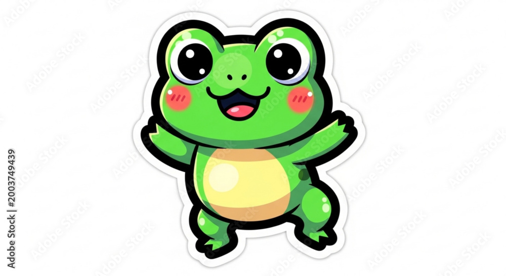 Obraz premium Adorable green cartoon frog character with a cheerful smile and big expressive eyes, depicted in a playful and friendly pose, perfect for children's designs, stickers, or whimsical illustrations