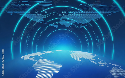 This is a futuristic digital background featuring a world map with pixelated data patterns and glowing radar-style circular arcs over a blue global tech scene.