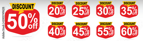 Discount labels set, 20, 25, 30, 35, 40, 45, 50, 55, 60, percent off price tags, red sale banners, promotion element, speech bubble style stickers, vector badges